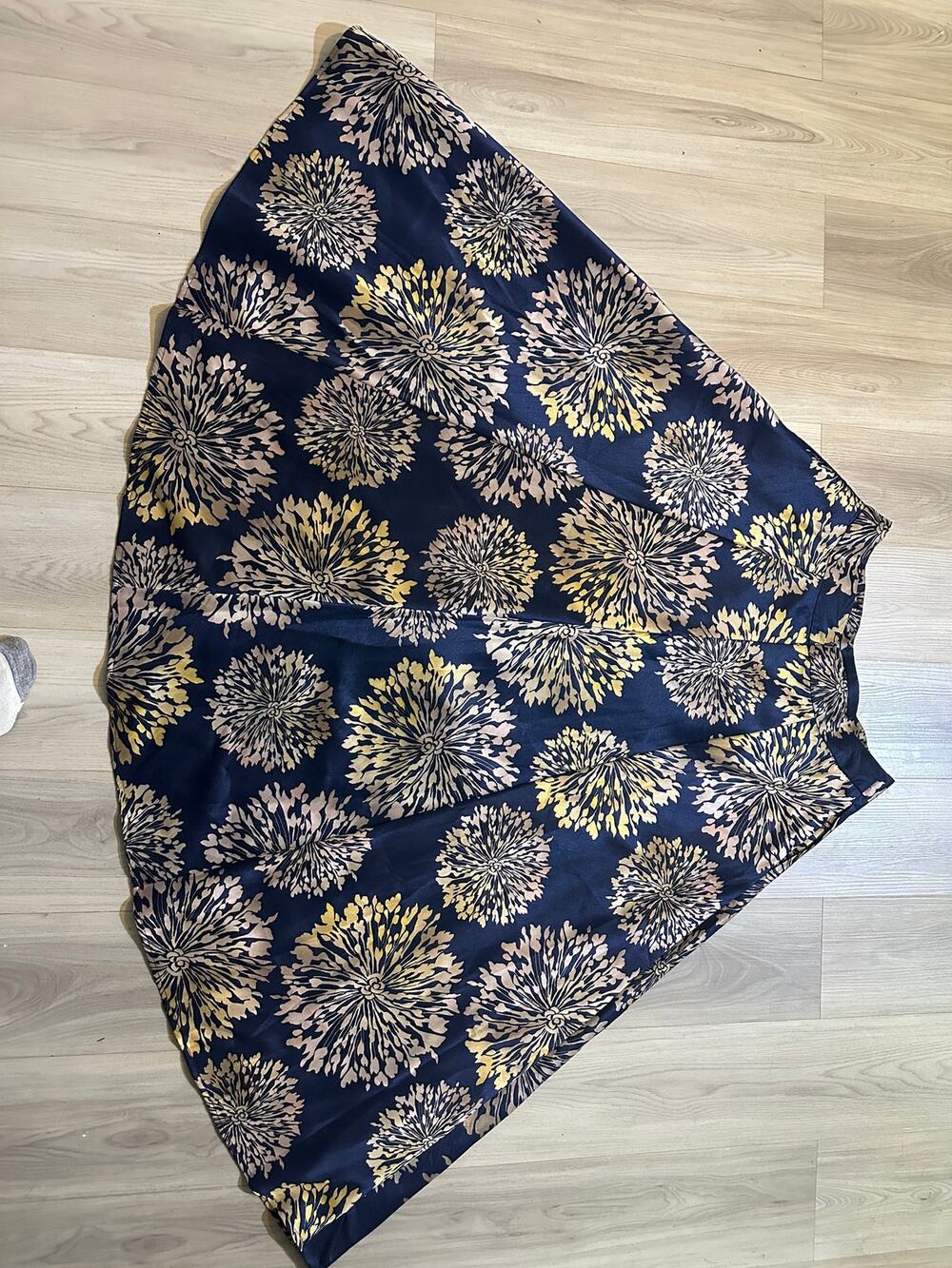 eShakti Floral Burst Jacquard Maxi Skirt XL 18 Navy Blue Gold Metallic Pockets